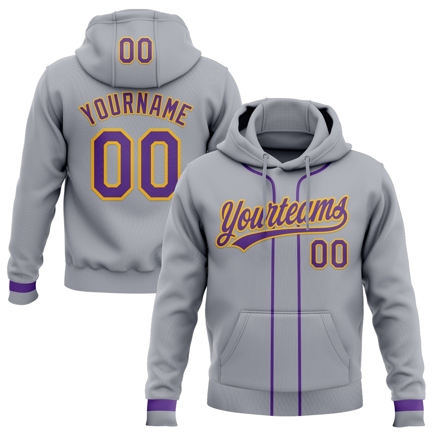 Custom Stitched Gray Purple-Gold Baseball Pullover Sweatshirt Hoodie - Main View