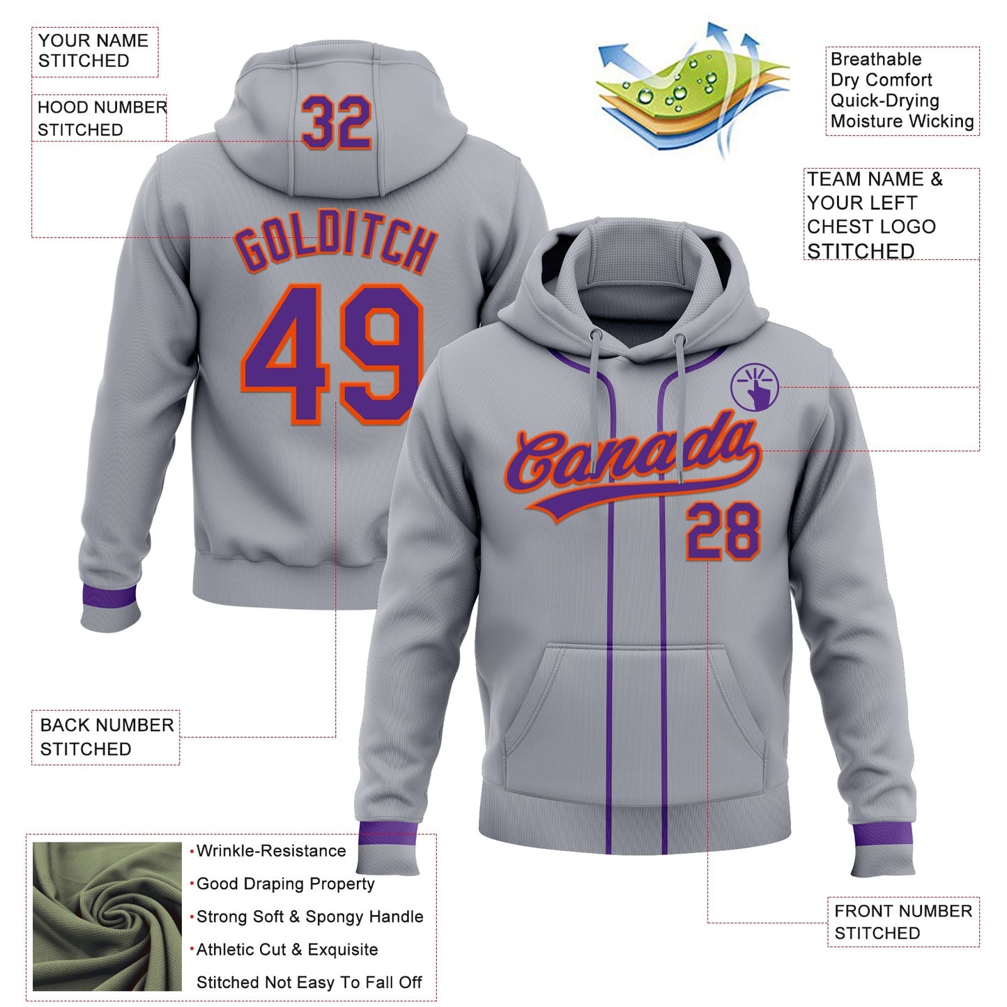 Custom Stitched Gray Purple-Orange Baseball Pullover Sweatshirt Hoodie view 2