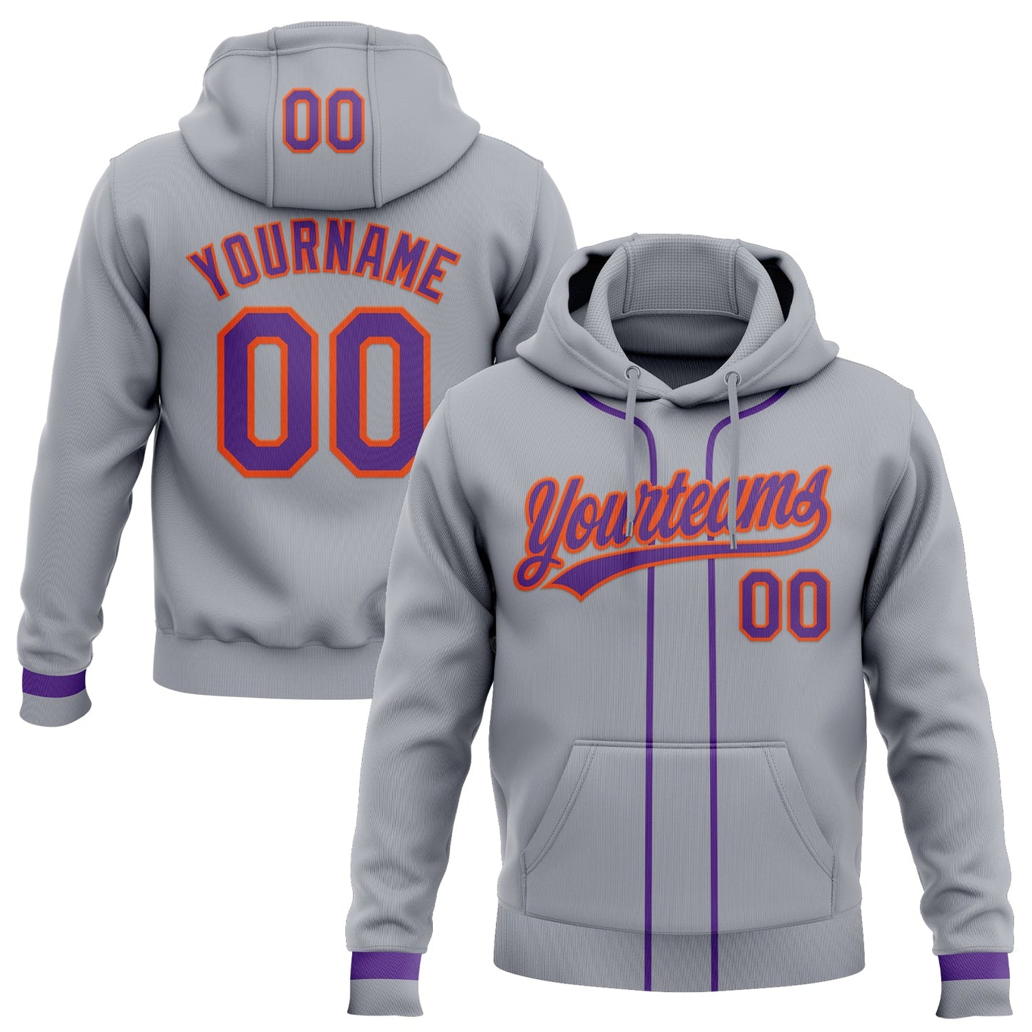 Custom Stitched Gray Purple-Orange Baseball Pullover Sweatshirt Hoodie - Main View
