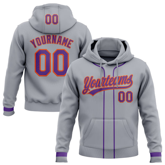Custom Stitched Gray Purple-Orange Baseball Pullover Sweatshirt Hoodie - Main View
