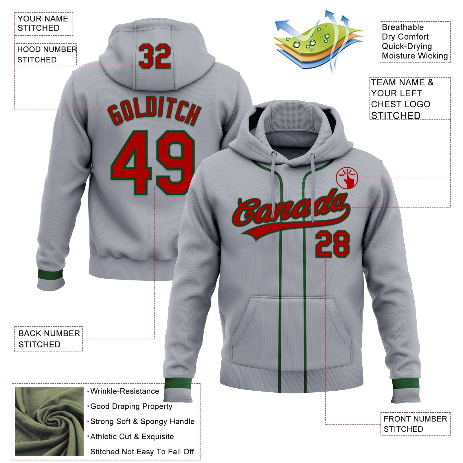 Custom Stitched Gray Red-Green Baseball Pullover Sweatshirt Hoodie view 2