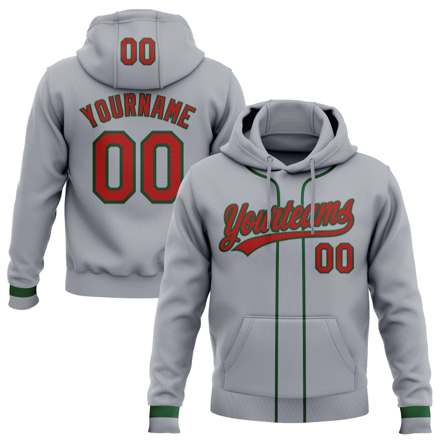 Custom Stitched Gray Red-Green Baseball Pullover Sweatshirt Hoodie - Main View