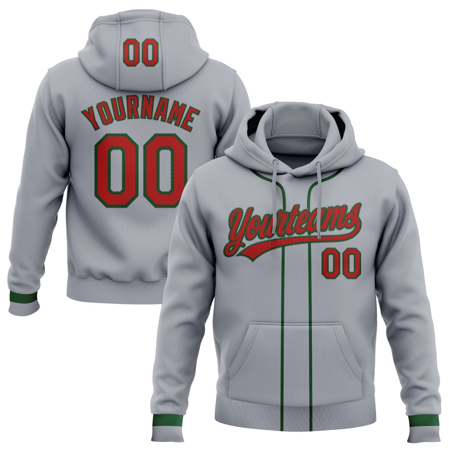 Custom Stitched Gray Red-Green Baseball Pullover Sweatshirt Hoodie - Main View