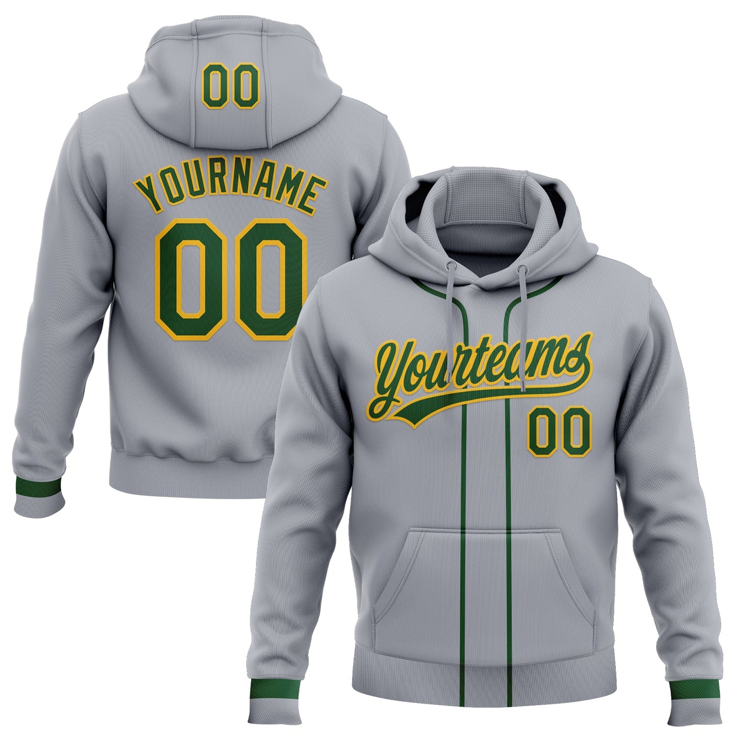 Custom Stitched Gray Green-Gold Baseball Pullover Sweatshirt Hoodie - Main View