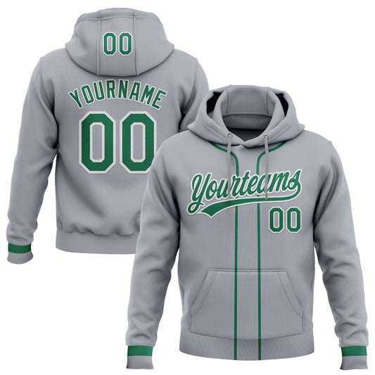 Custom Stitched Gray Kelly Green-White Baseball Pullover Sweatshirt Hoodie - Main View
