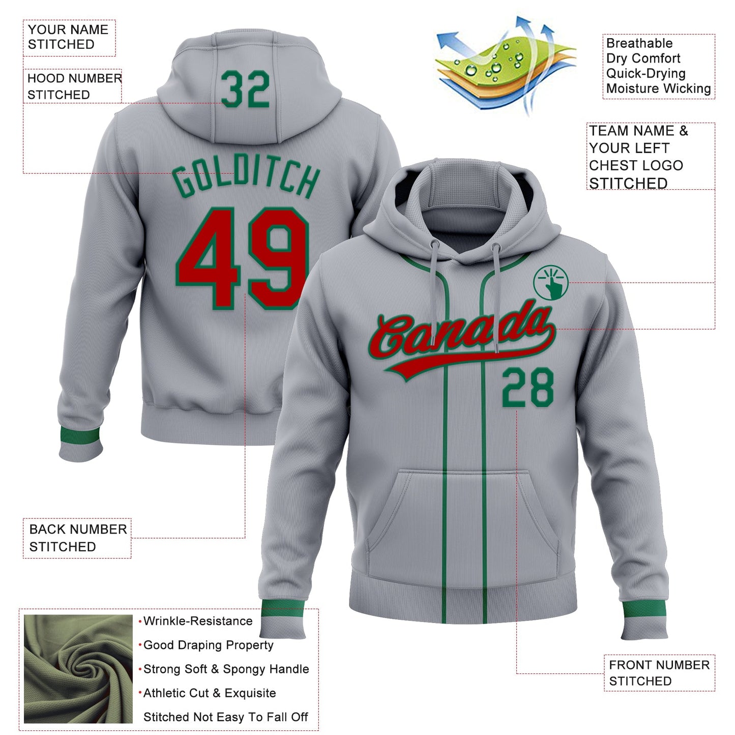 Custom Stitched Gray Red-Kelly Green Baseball Pullover Sweatshirt Hoodie view 2