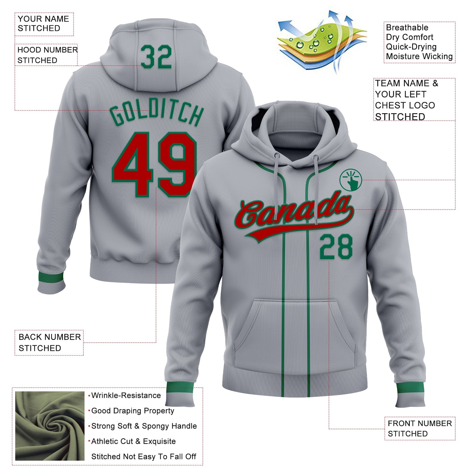 Custom Stitched Gray Red-Kelly Green Baseball Pullover Sweatshirt Hoodie view 2