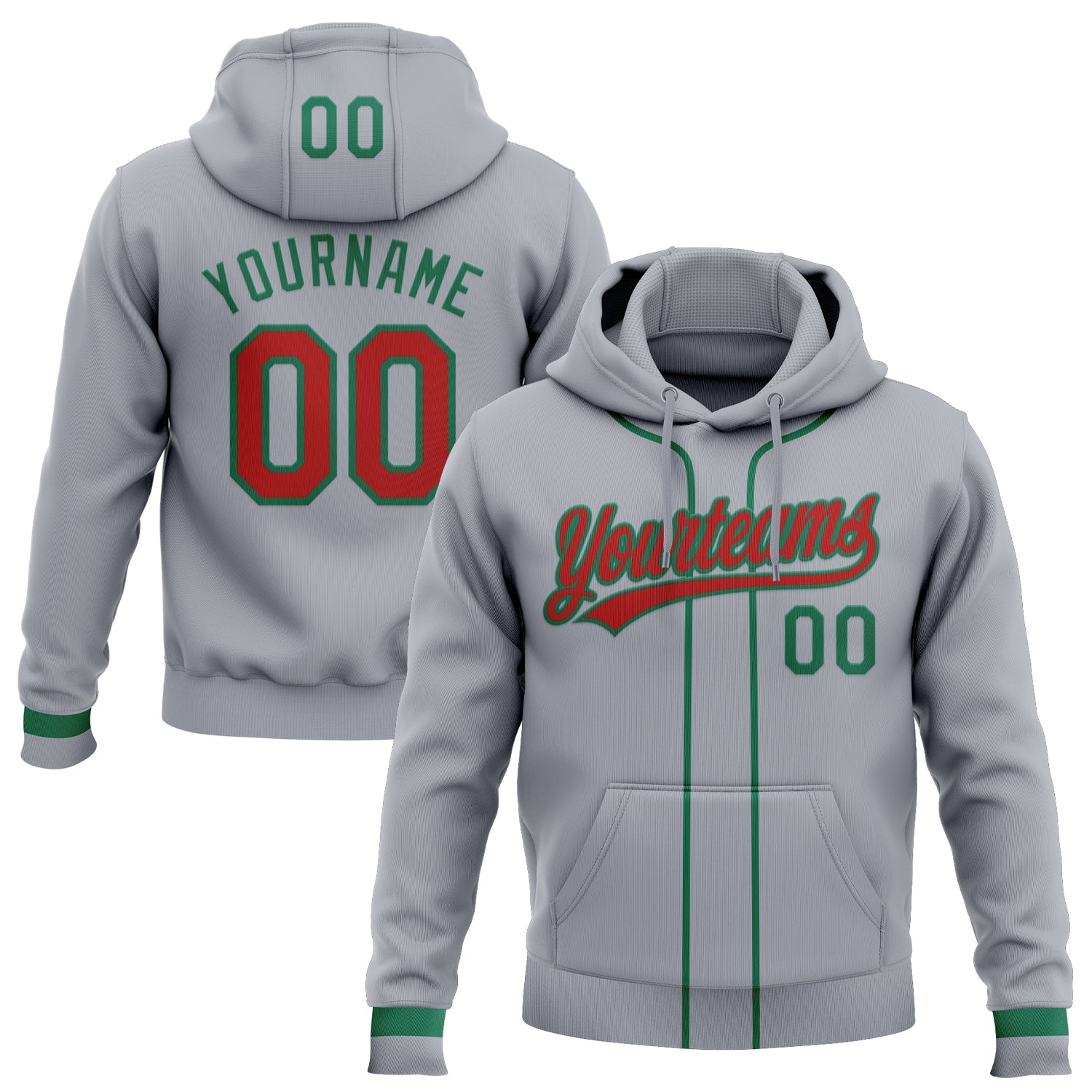 Custom Stitched Gray Red-Kelly Green Baseball Pullover Sweatshirt Hoodie - Main View