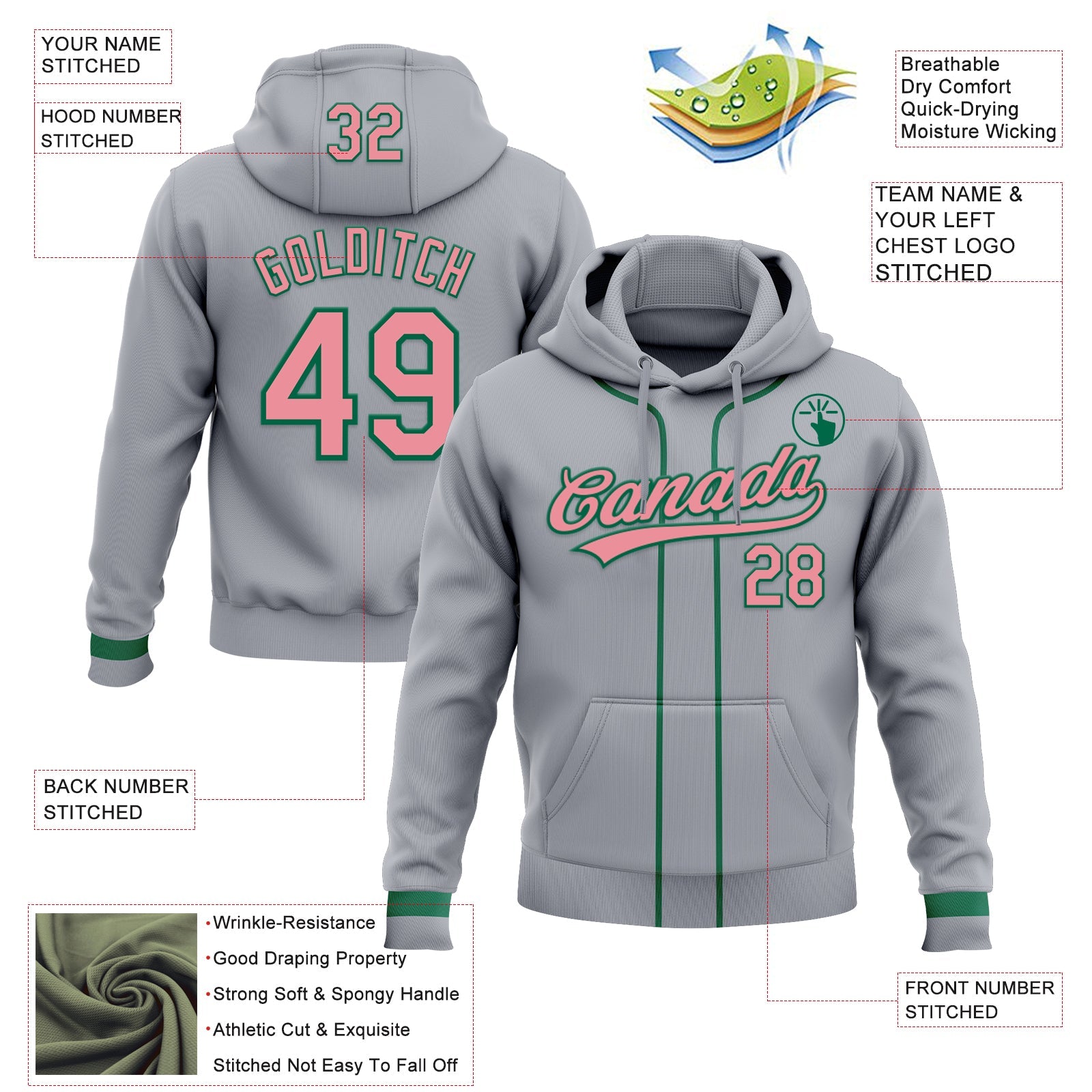 Custom Stitched Gray Medium Pink-Kelly Green Baseball Pullover Sweatshirt Hoodie view 2