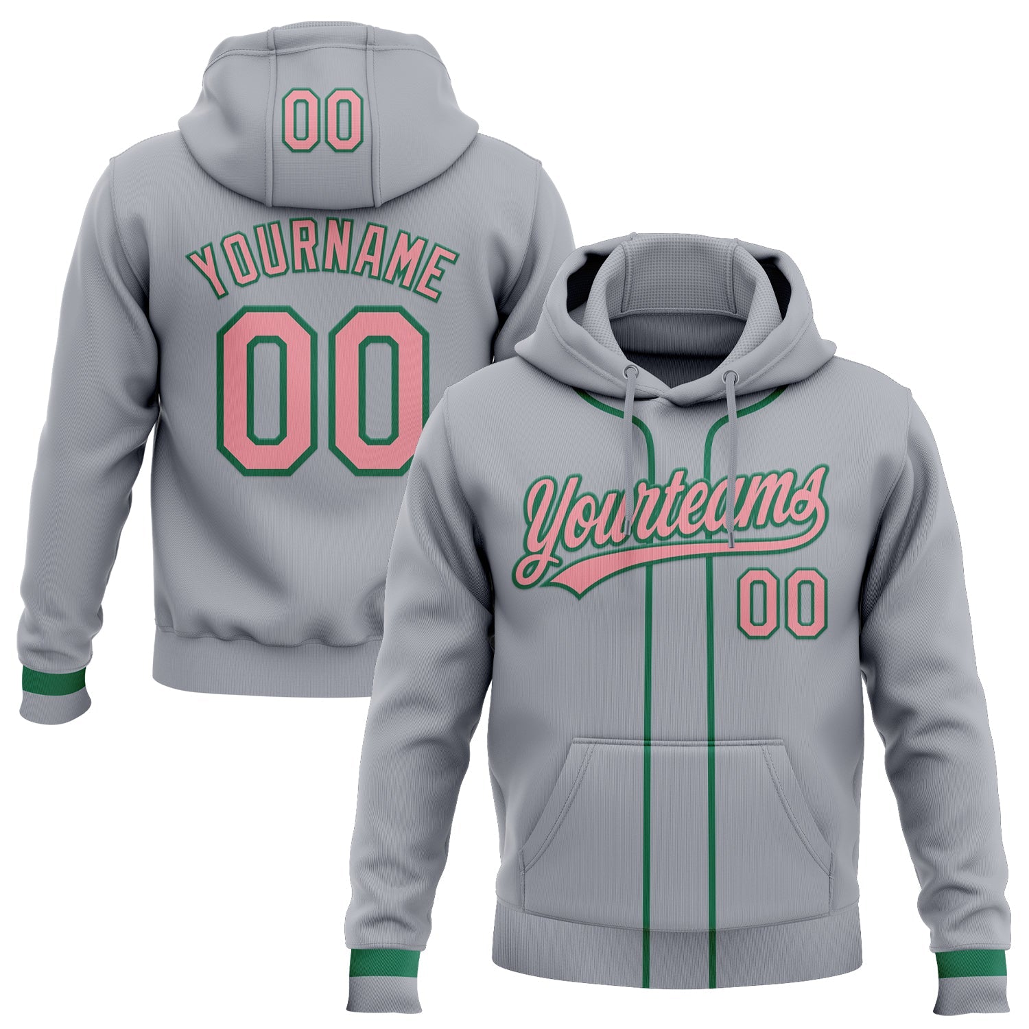 Custom Stitched Gray Medium Pink-Kelly Green Baseball Pullover Sweatshirt Hoodie - Main View