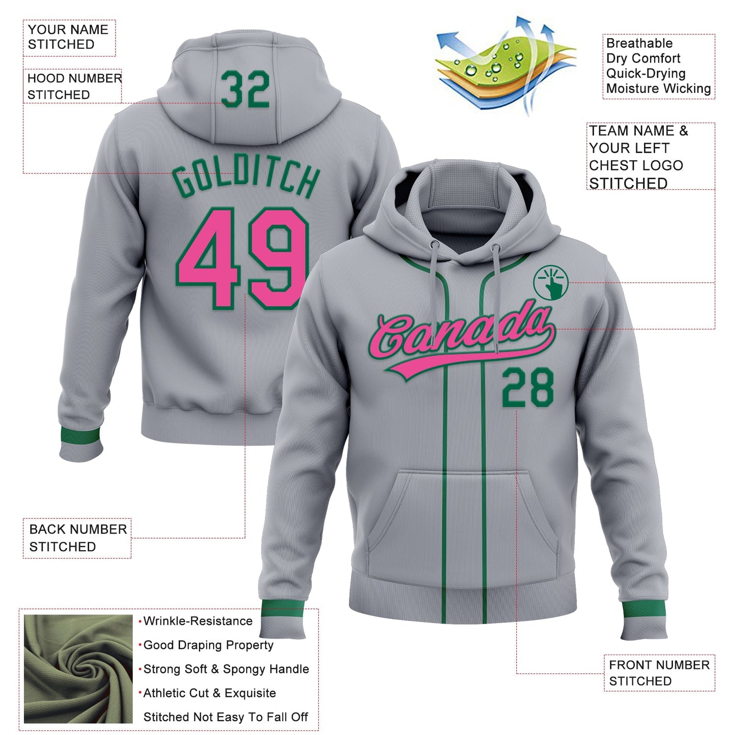 Custom Stitched Gray Pink-Kelly Green Baseball Pullover Sweatshirt Hoodie view 2