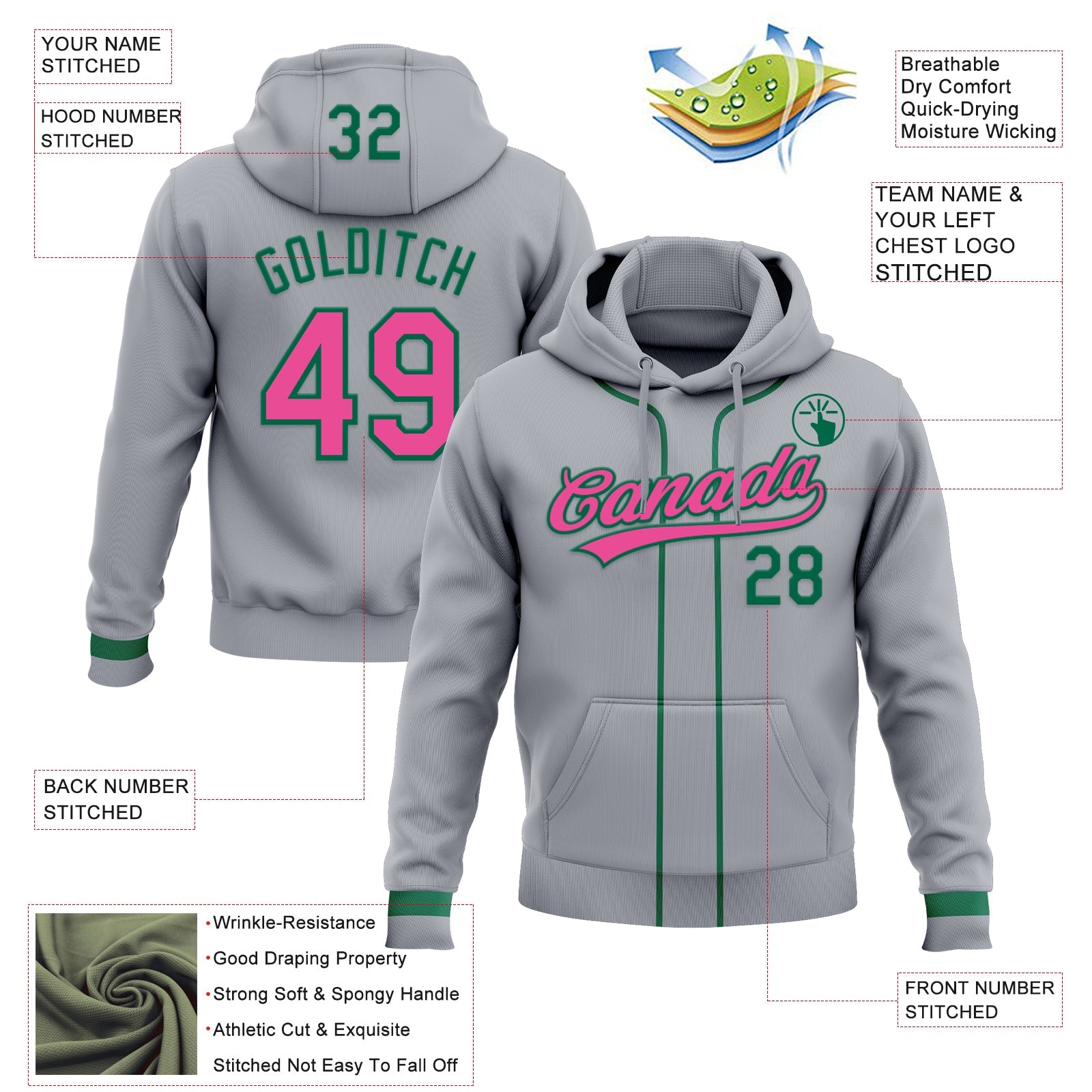 Custom Stitched Gray Pink-Kelly Green Baseball Pullover Sweatshirt Hoodie view 2