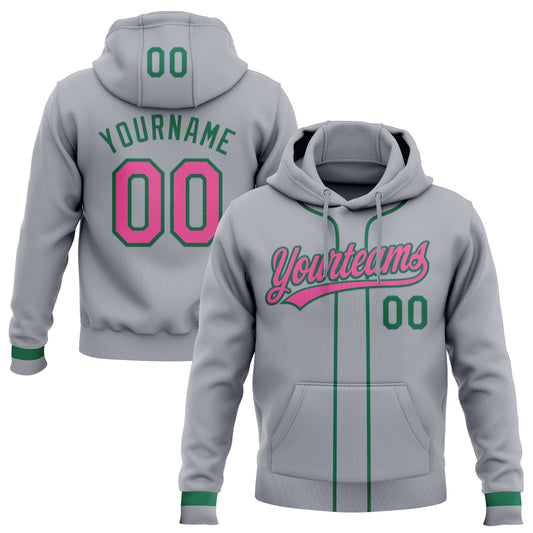 Custom Stitched Gray Pink-Kelly Green Baseball Pullover Sweatshirt Hoodie - Main View
