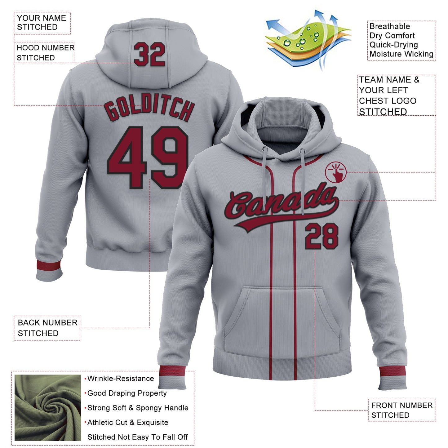 Custom Stitched Gray Crimson-Black Baseball Pullover Sweatshirt Hoodie view 2