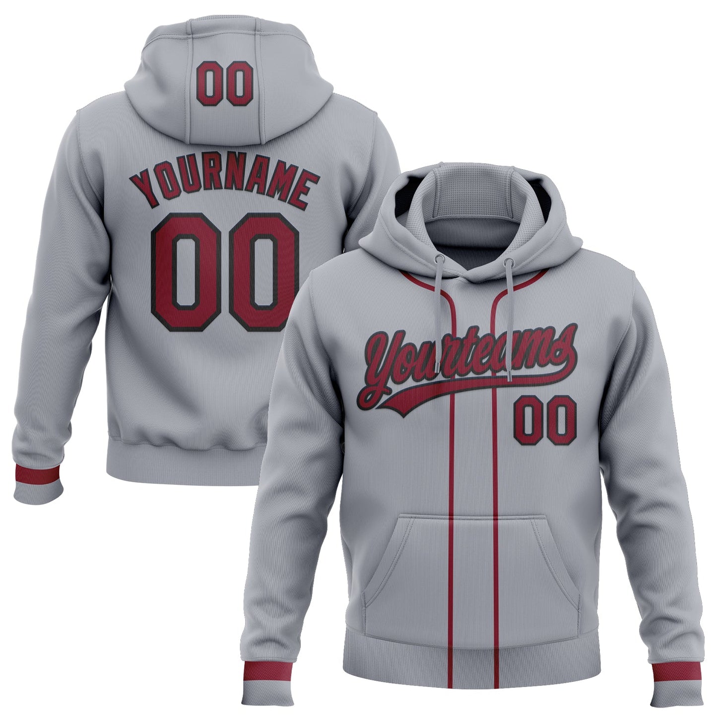 Custom Stitched Gray Crimson-Black Baseball Pullover Sweatshirt Hoodie - Main View