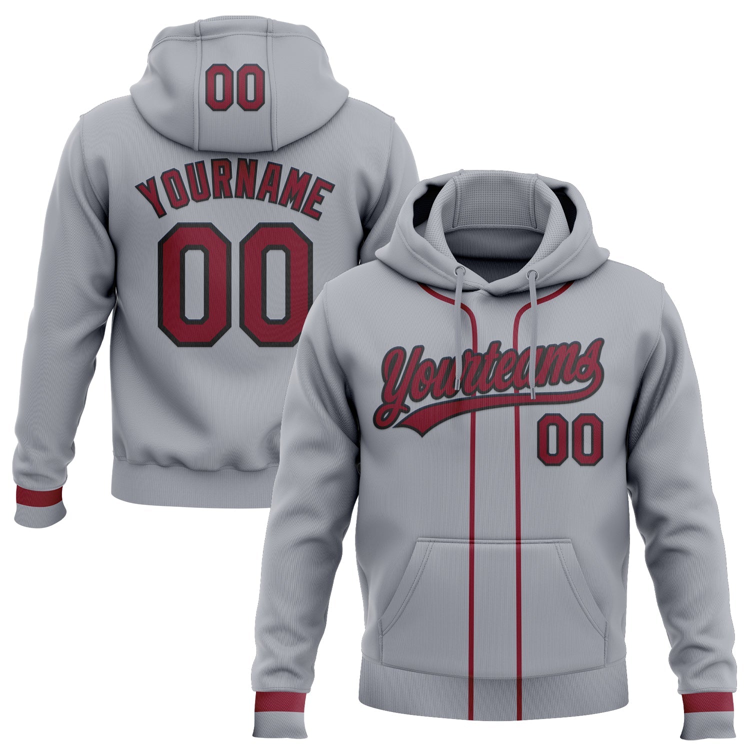 Custom Stitched Gray Crimson-Black Baseball Pullover Sweatshirt Hoodie - Main View