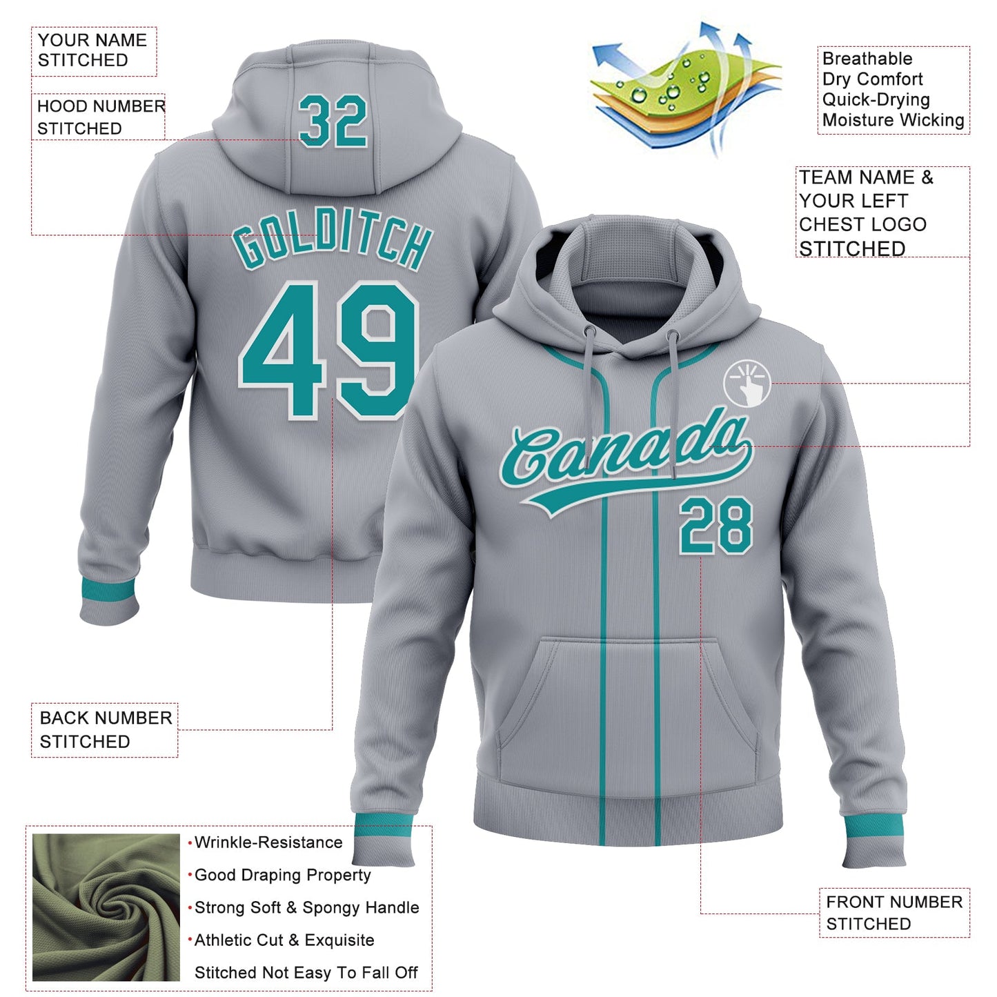 Custom Stitched Gray Teal-White Baseball Pullover Sweatshirt Hoodie view 2