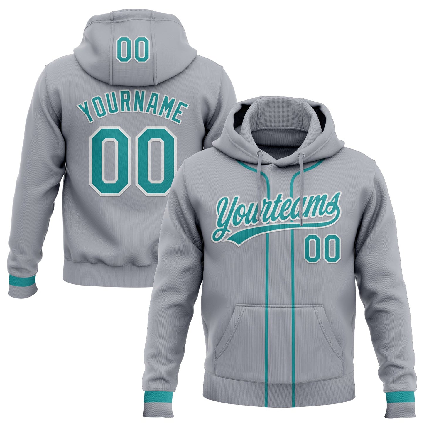 Custom Stitched Gray Teal-White Baseball Pullover Sweatshirt Hoodie - Main View