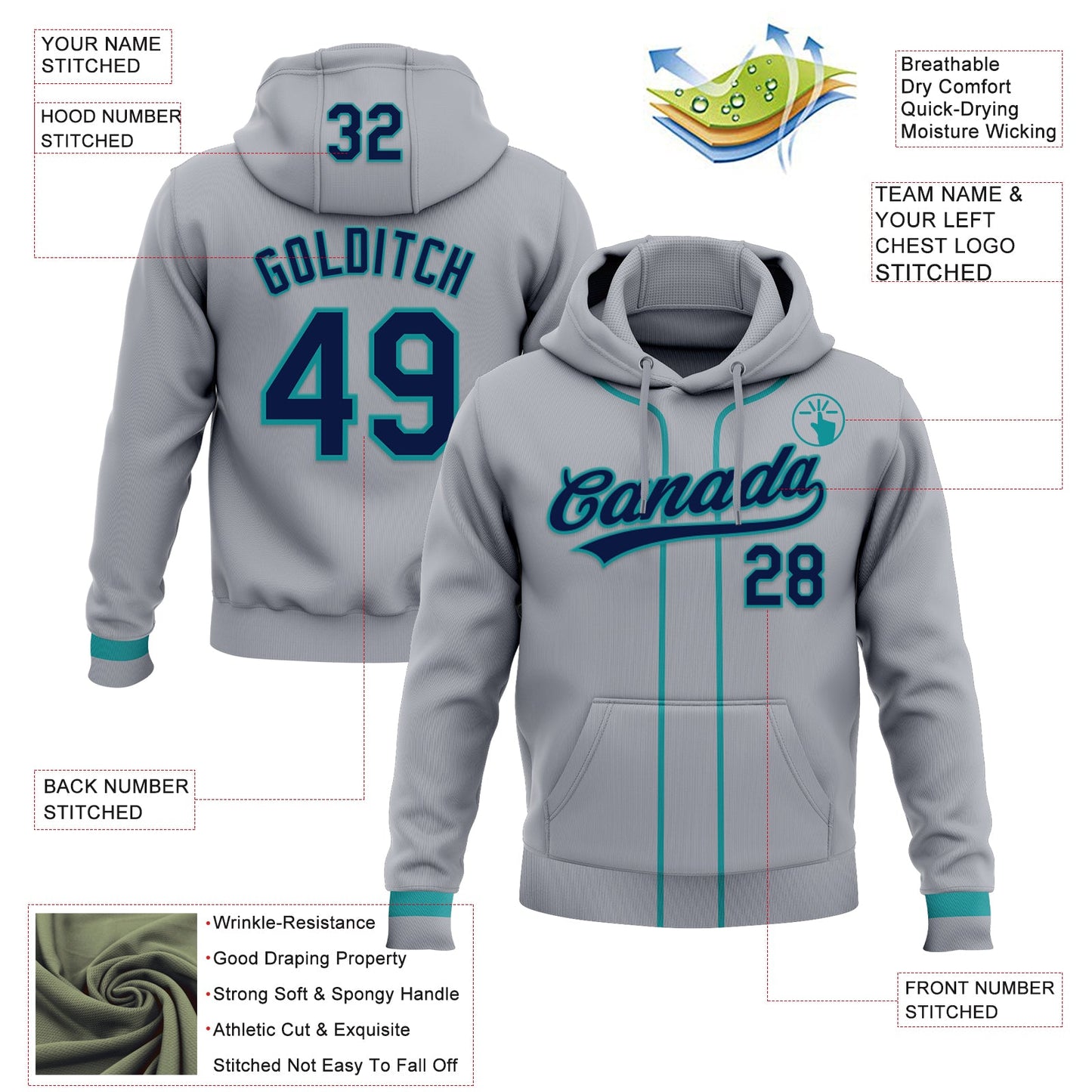 Custom Stitched Gray Navy-Teal Baseball Pullover Sweatshirt Hoodie view 2