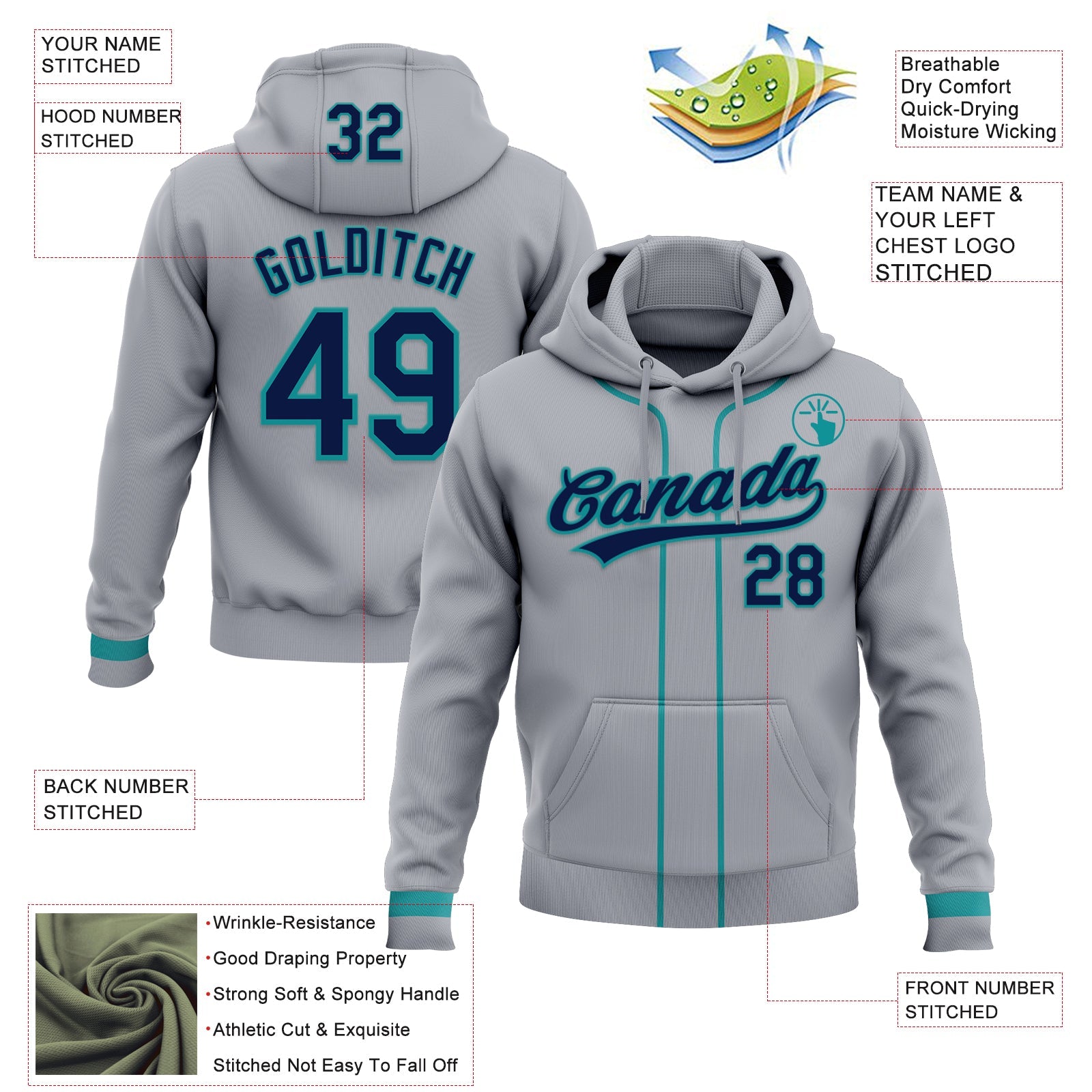 Custom Stitched Gray Navy-Teal Baseball Pullover Sweatshirt Hoodie view 2