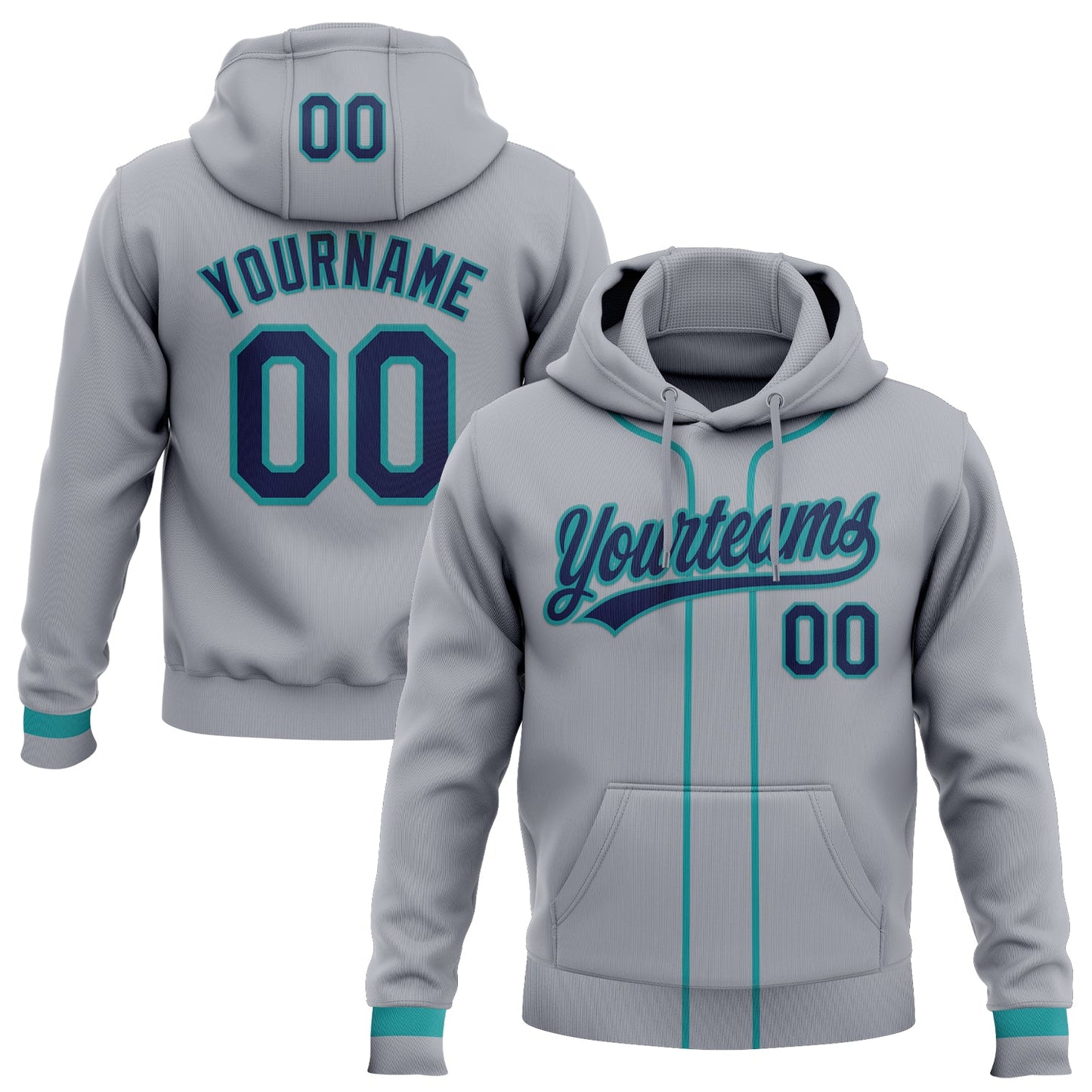 Custom Stitched Gray Navy-Teal Baseball Pullover Sweatshirt Hoodie - Main View