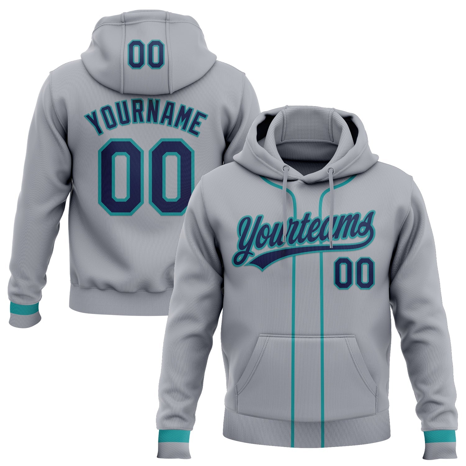 Custom Stitched Gray Navy-Teal Baseball Pullover Sweatshirt Hoodie - Main View