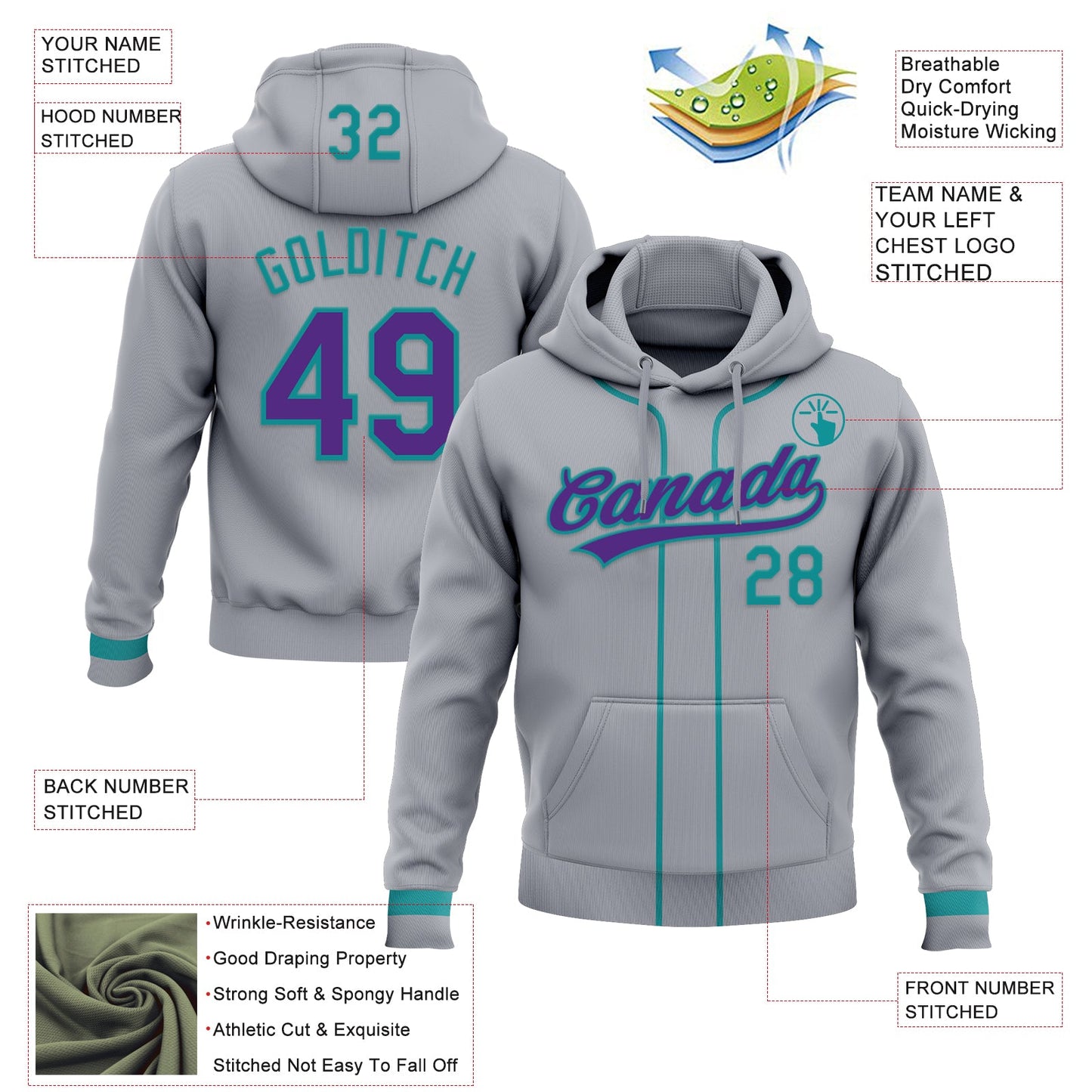 Custom Stitched Gray Purple-Teal Baseball Pullover Sweatshirt Hoodie view 2