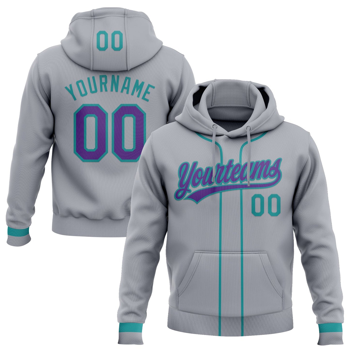 Custom Stitched Gray Purple-Teal Baseball Pullover Sweatshirt Hoodie - Main View