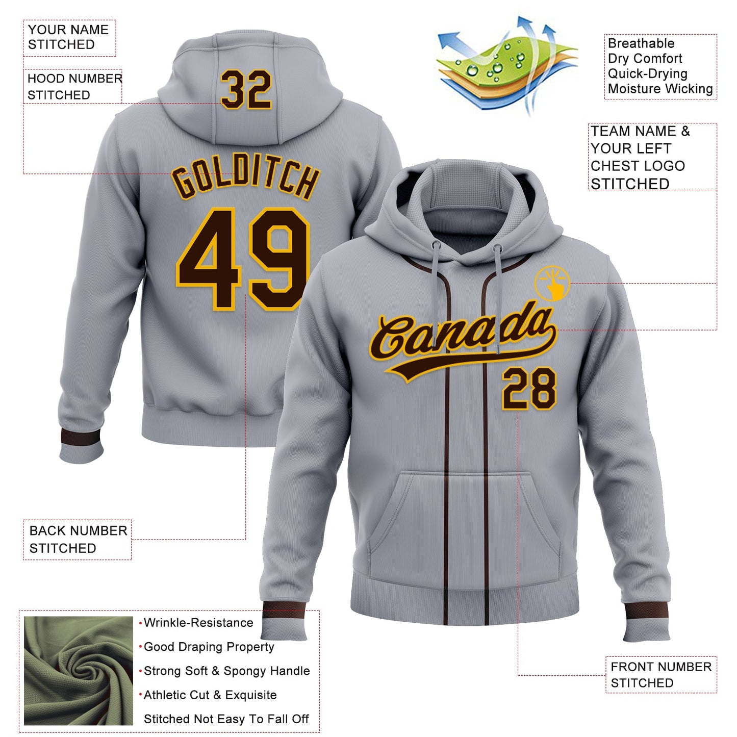 Custom Stitched Gray Brown-Gold Baseball Pullover Sweatshirt Hoodie view 2