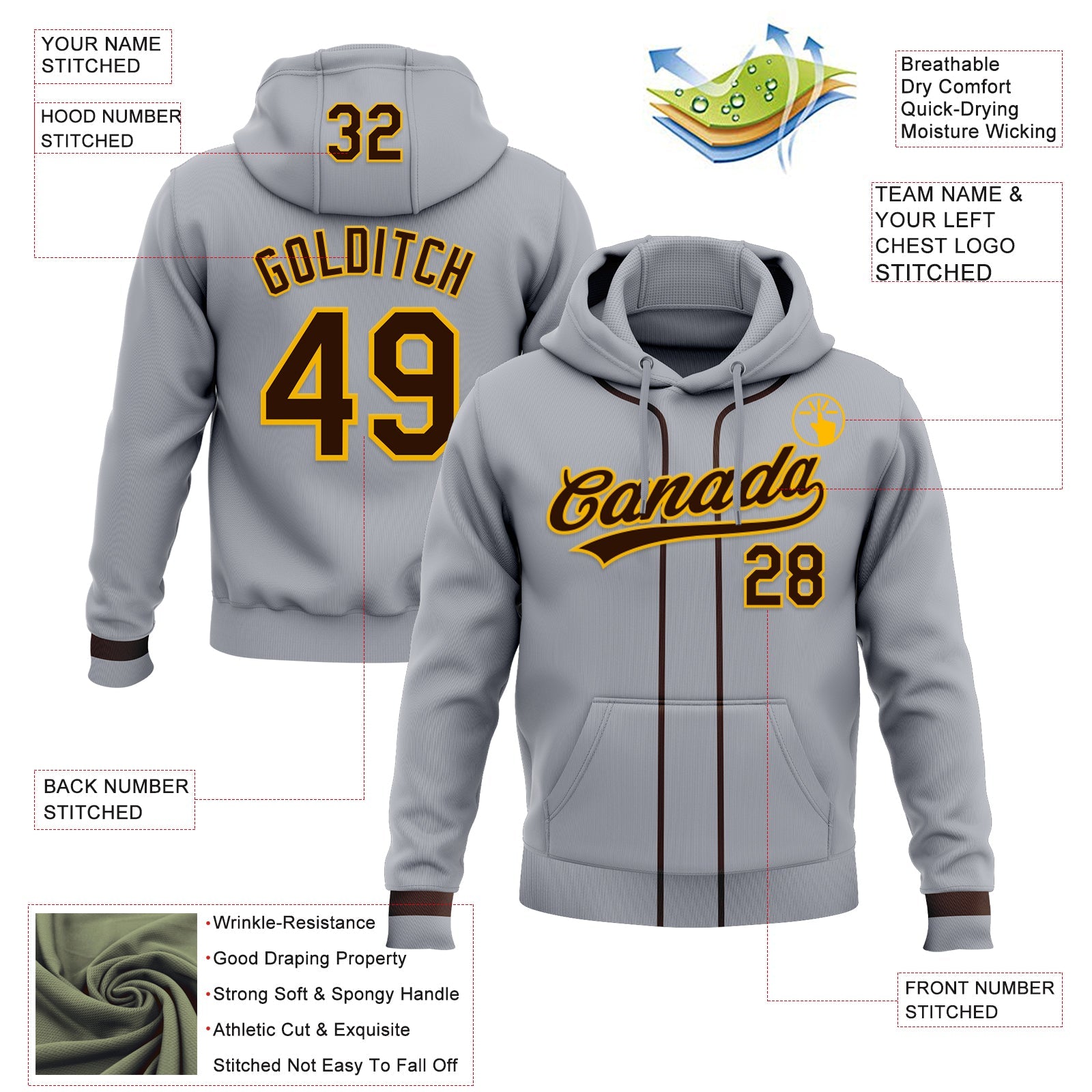 Custom Stitched Gray Brown-Gold Baseball Pullover Sweatshirt Hoodie view 2