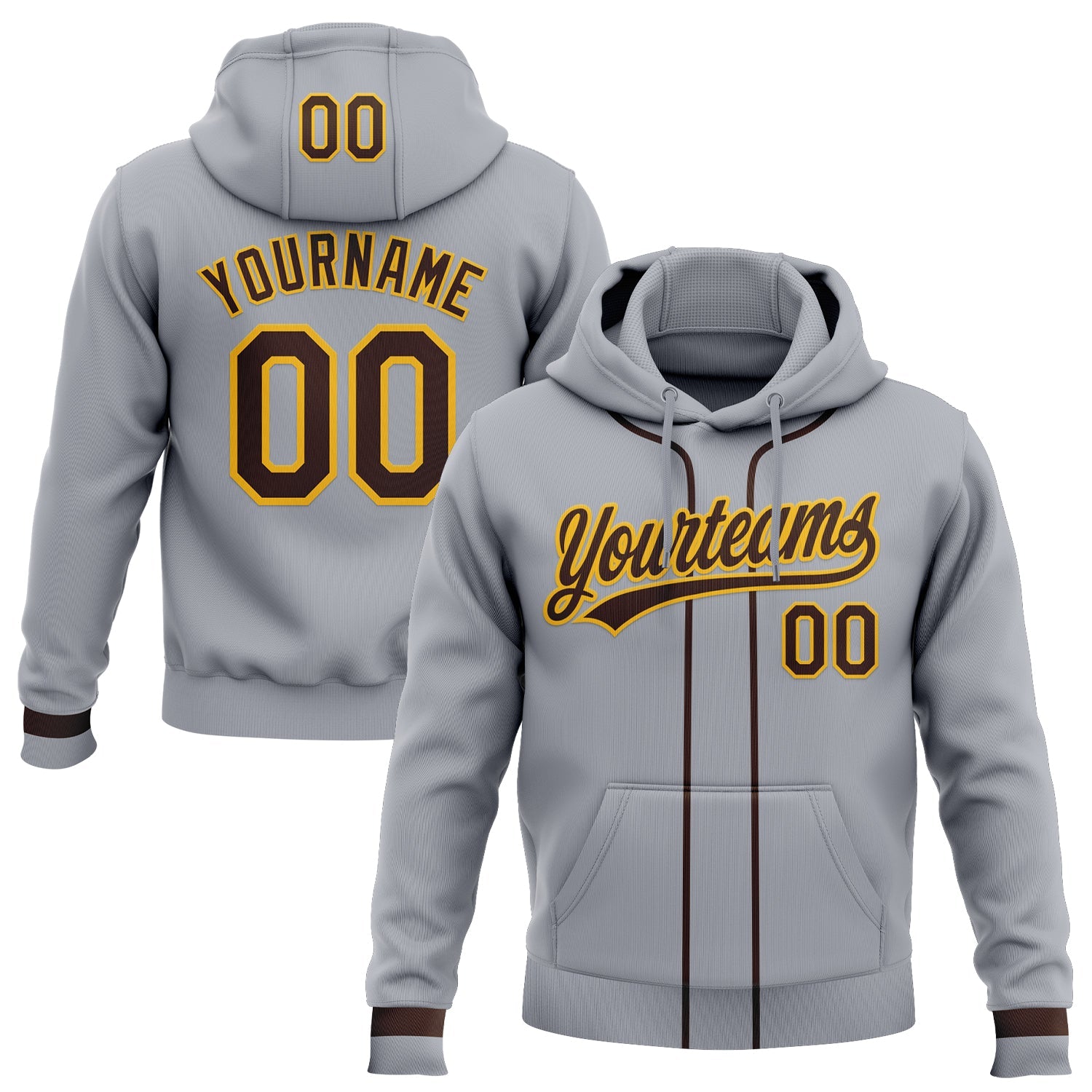 Custom Stitched Gray Brown-Gold Baseball Pullover Sweatshirt Hoodie - Main View