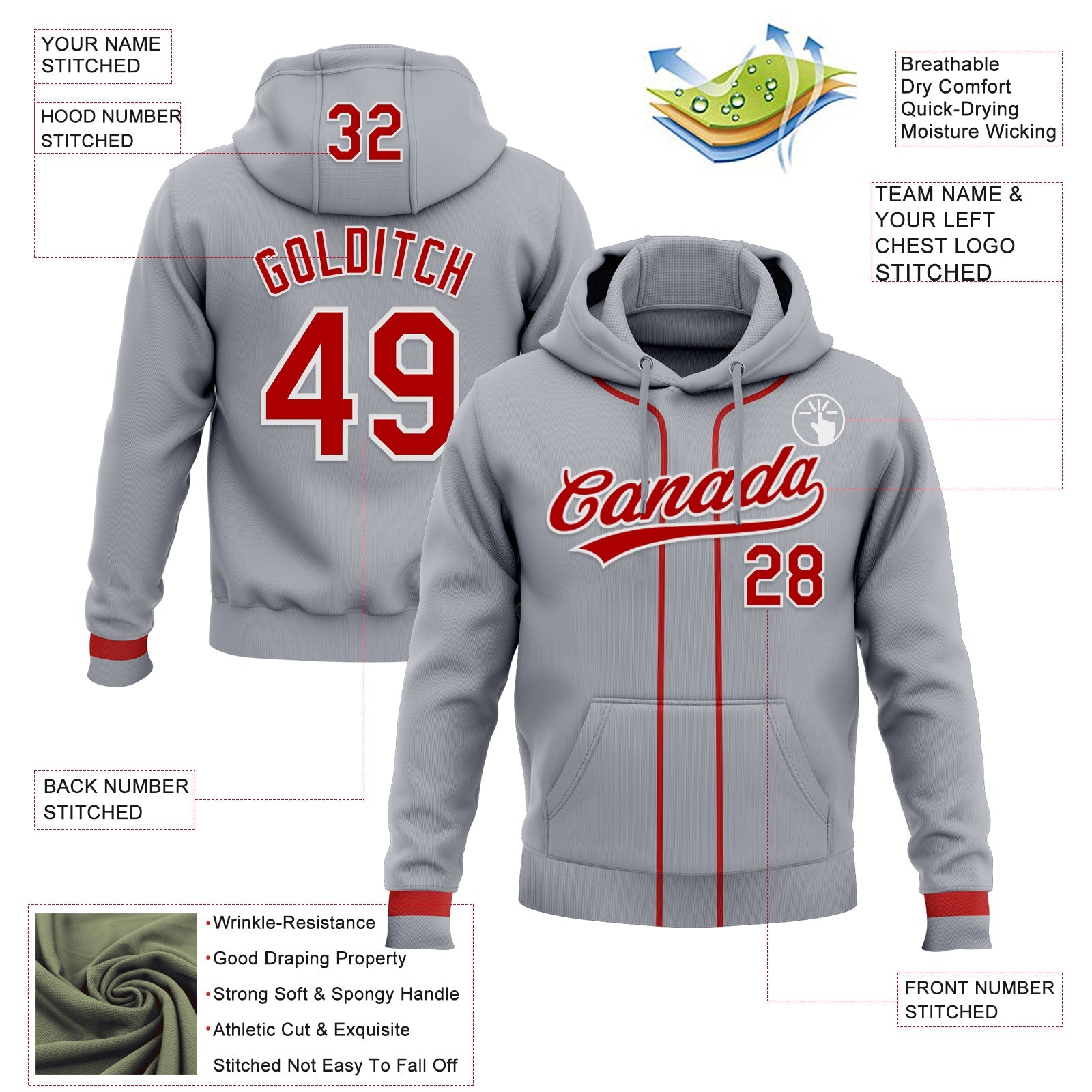 Custom Stitched Gray Red-White Baseball Pullover Sweatshirt Hoodie view 2