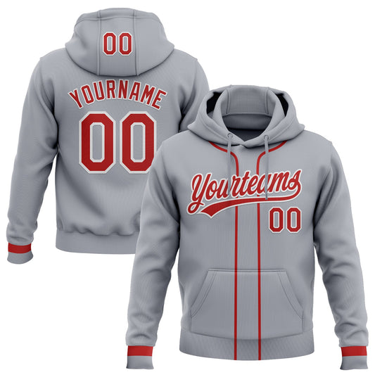 Custom Stitched Gray Red-White Baseball Pullover Sweatshirt Hoodie - Main View