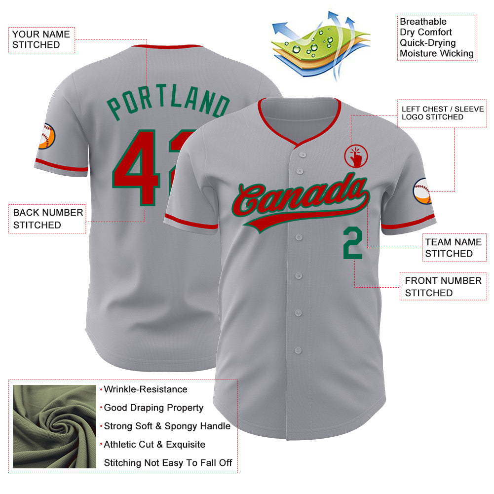 Custom Gray Red-Kelly Green Authentic Baseball Jersey view 3