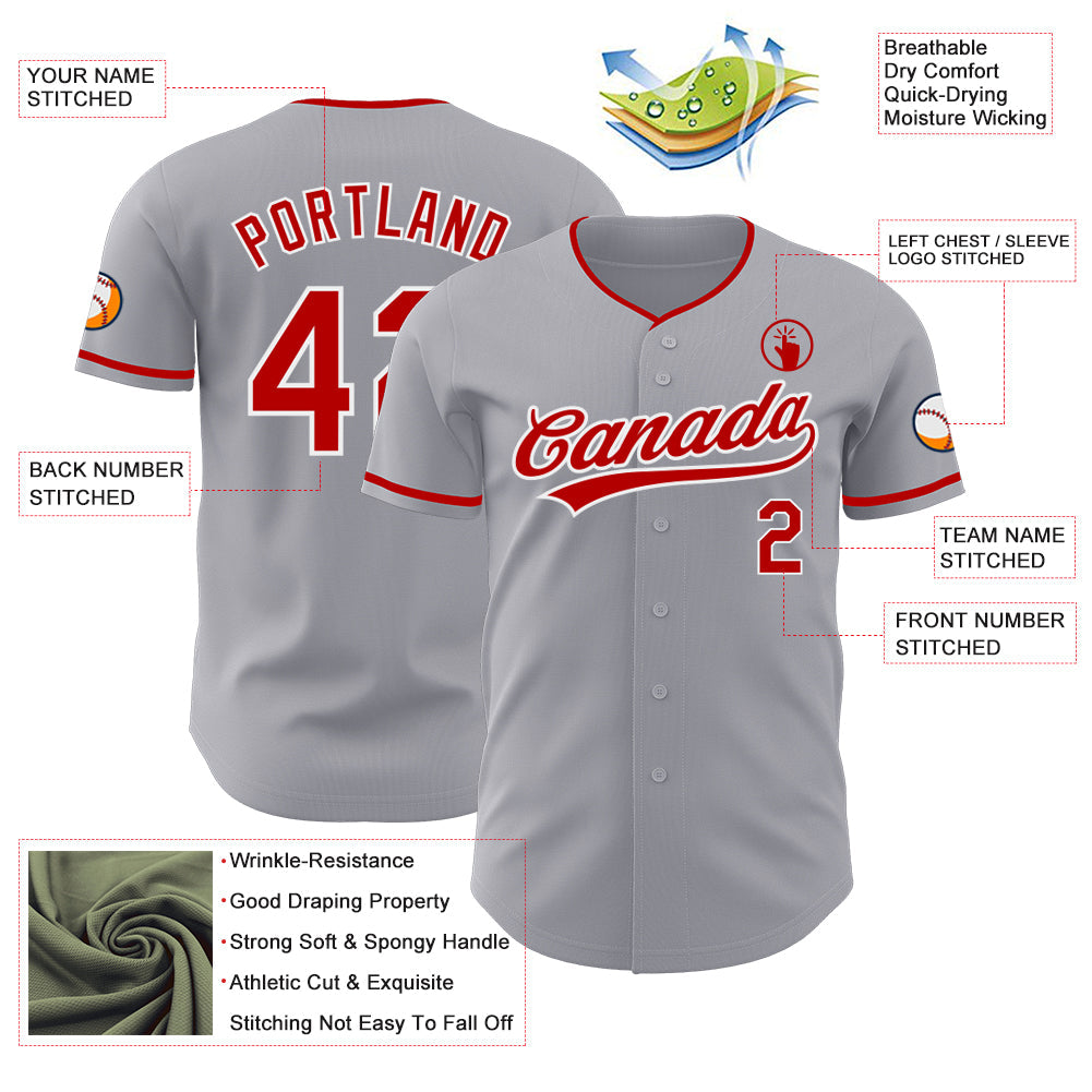 Custom Gray Red-White Authentic Baseball Jersey view 3