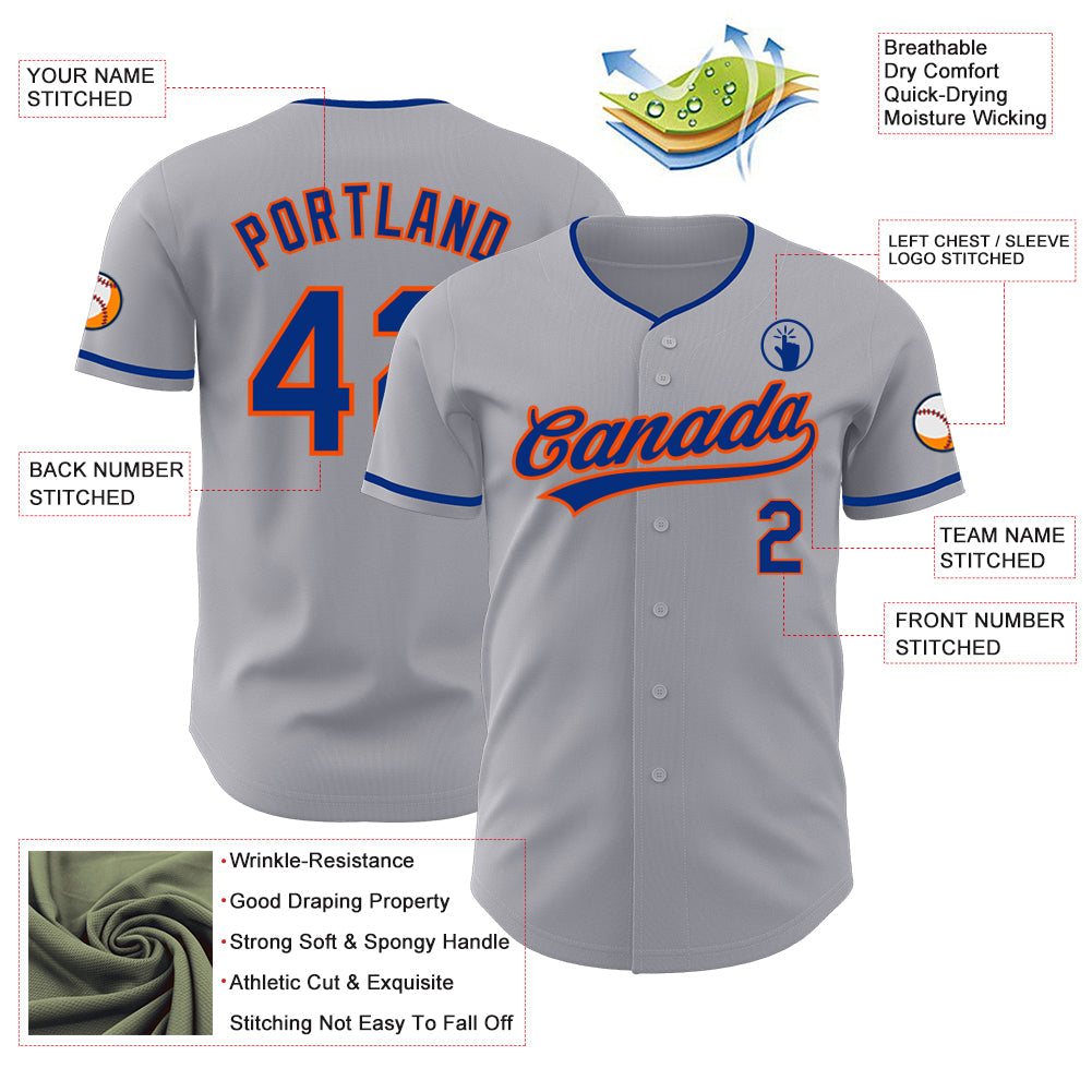 Custom Gray Royal-Orange Authentic Baseball Jersey view 3