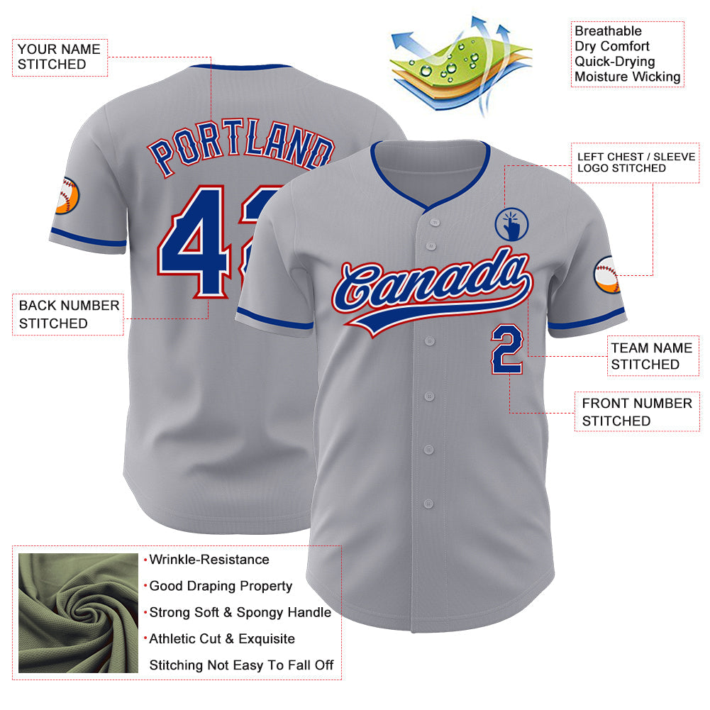 Custom Gray Royal White-Red Authentic Baseball Jersey view 3