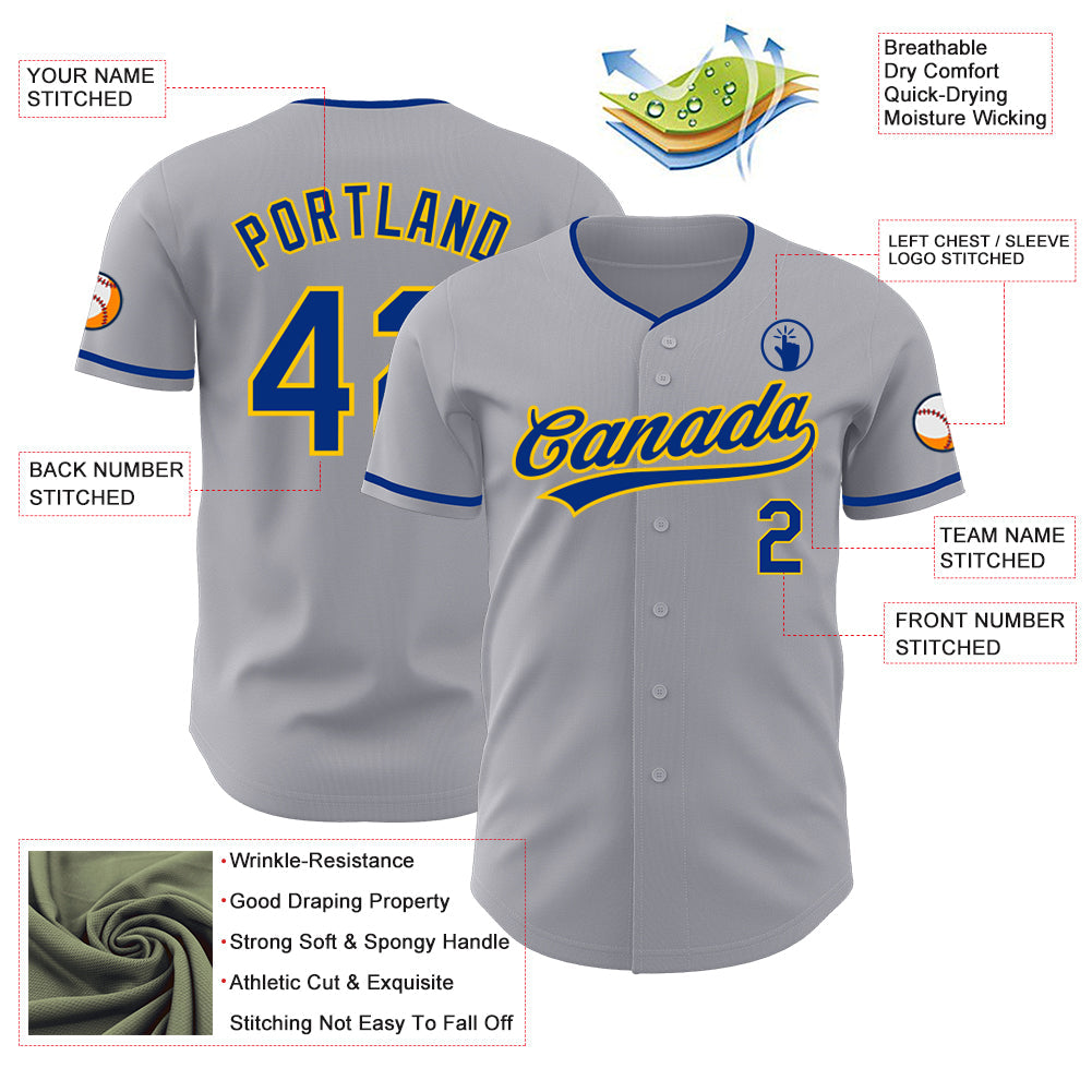 Custom Gray Royal-Yellow Authentic Baseball Jersey view 3