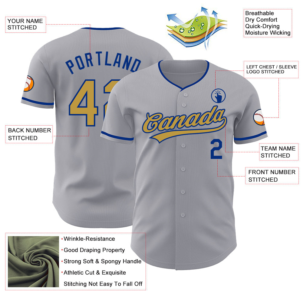 Custom Gray Old Gold-Royal Authentic Baseball Jersey view 3