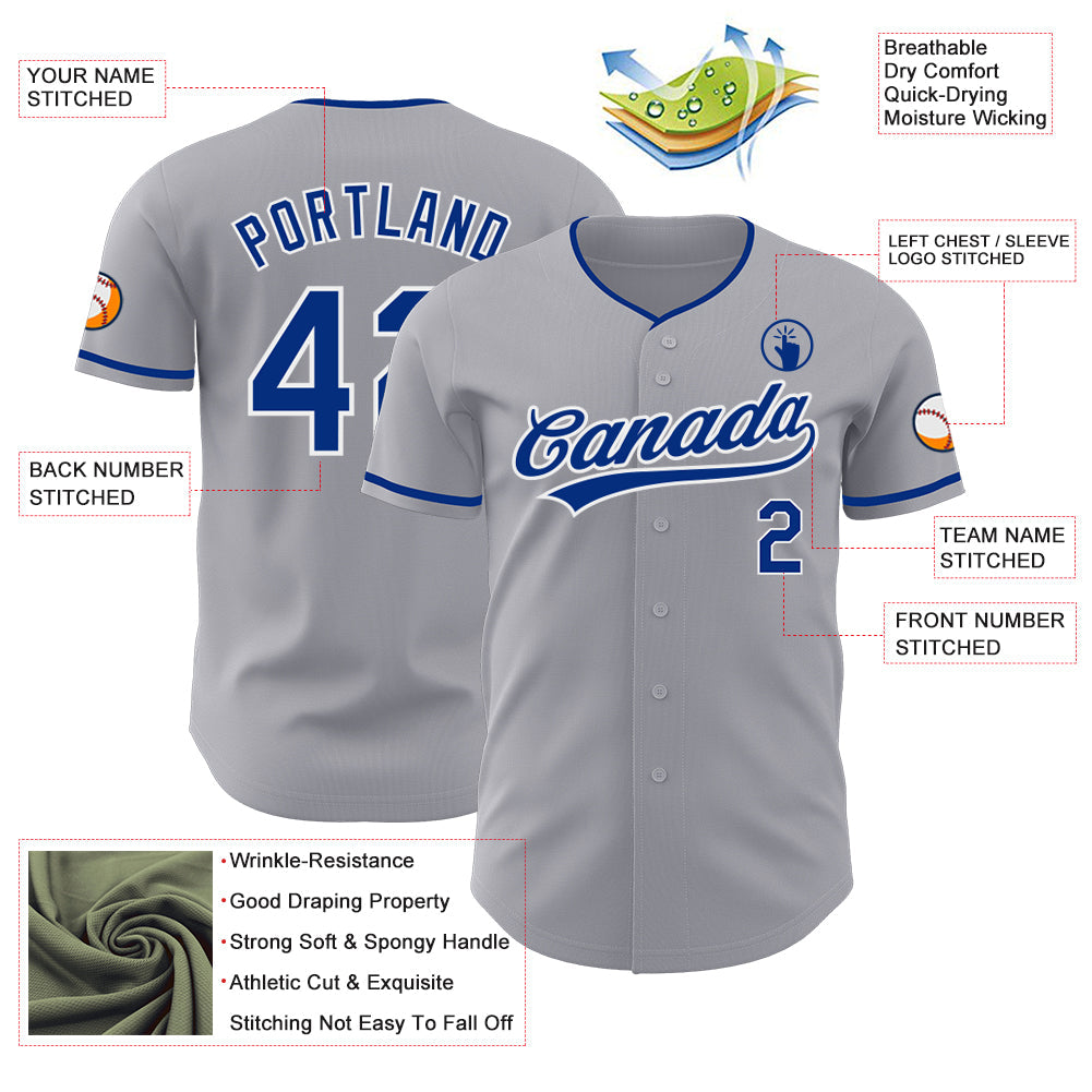 Custom Gray Royal-White Authentic Baseball Jersey view 3