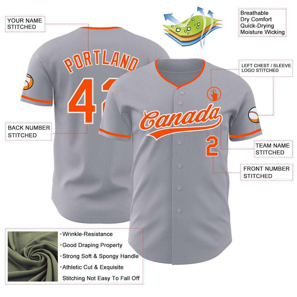 Custom Gray Orange-White Authentic Baseball Jersey view 3