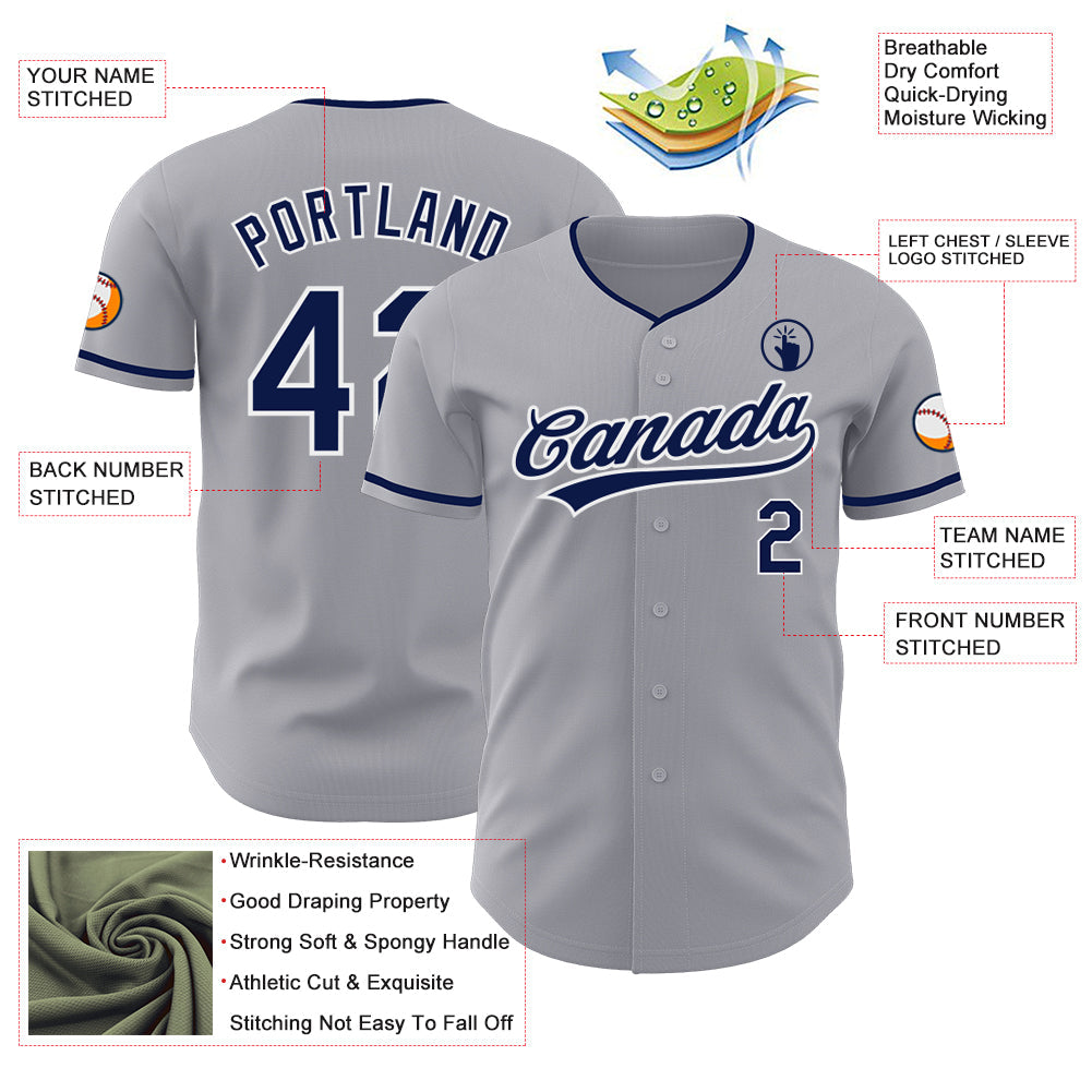 Custom Gray Navy-White Authentic Baseball Jersey view 3