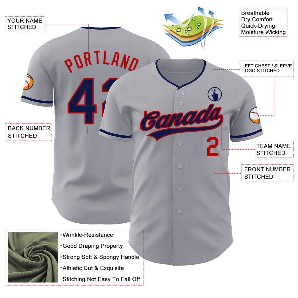 Custom Gray Navy-Red Authentic Baseball Jersey view 3