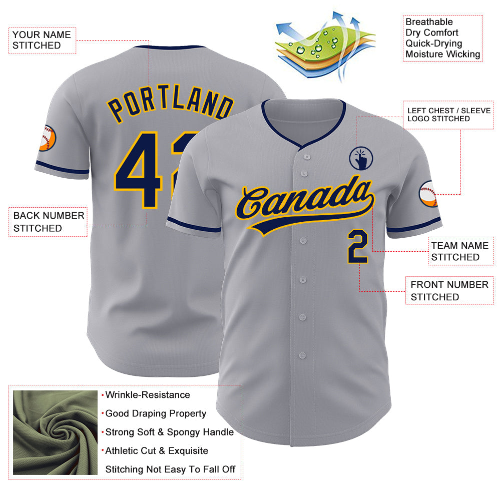 Custom Gray Navy-Gold Authentic Baseball Jersey view 3