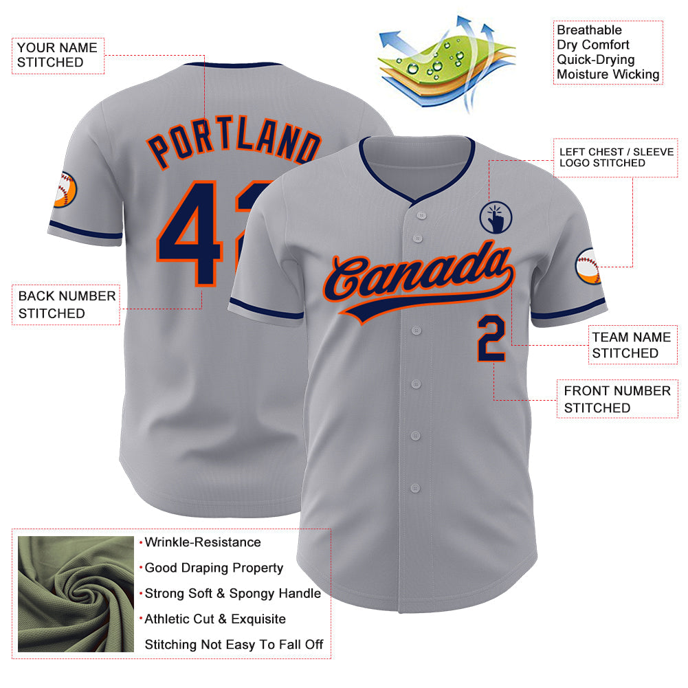 Custom Gray Navy-Orange Authentic Baseball Jersey view 3