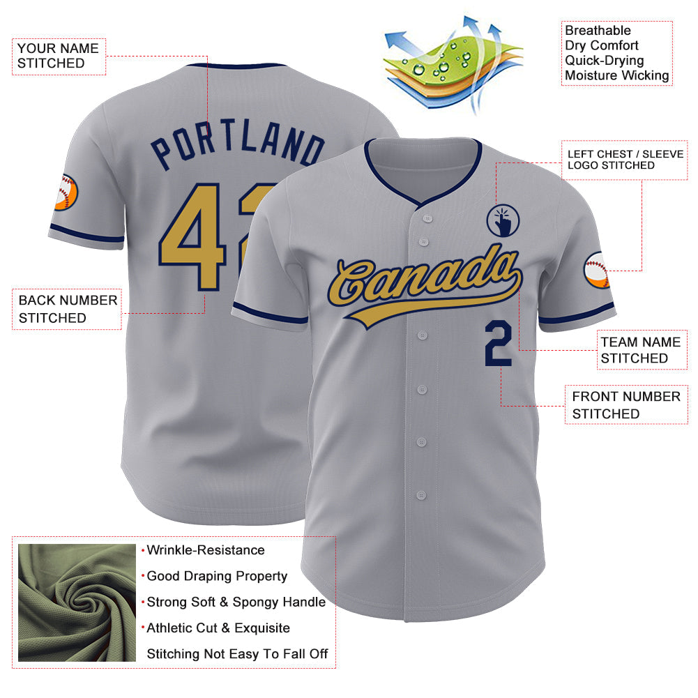Custom Gray Old Gold-Navy Authentic Baseball Jersey view 3