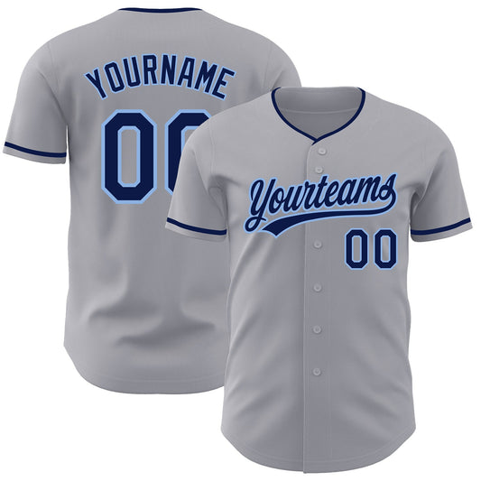 Custom Gray Navy-Light Blue Authentic Baseball Jersey - Main View
