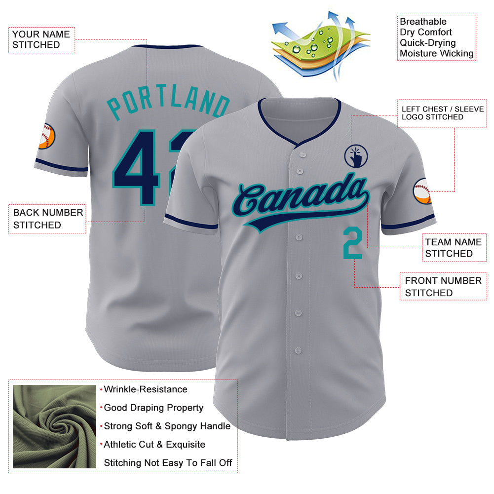 Custom Gray Navy-Teal Authentic Baseball Jersey view 3