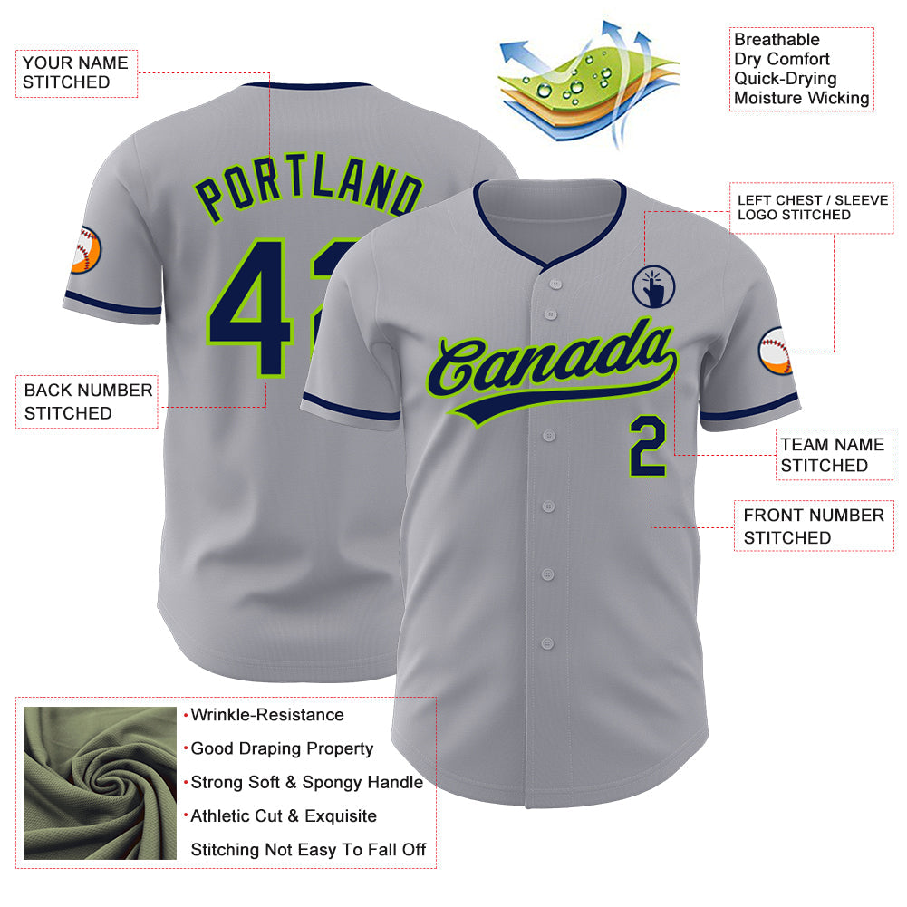 Custom Gray Navy-Neon Green Authentic Baseball Jersey view 3