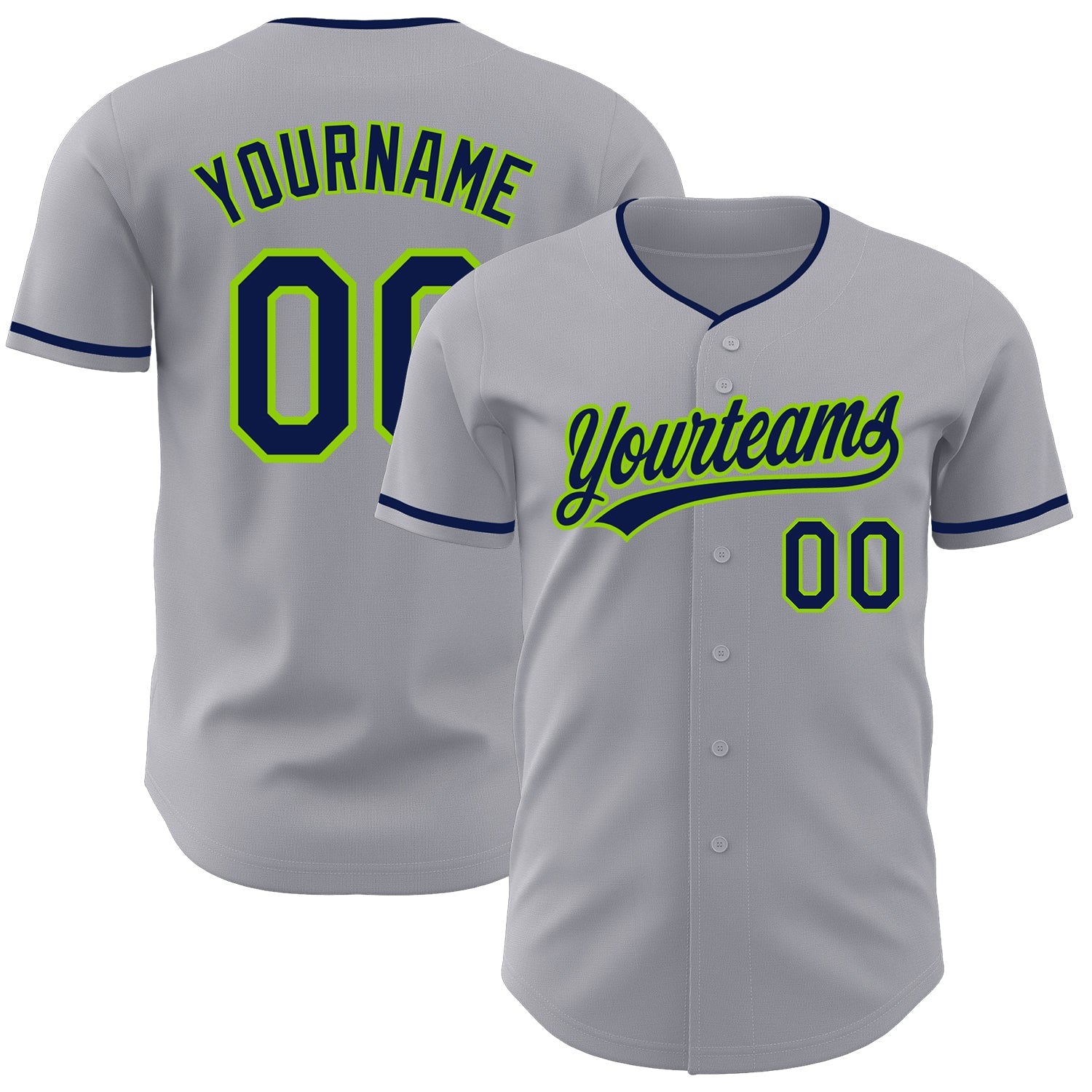 Custom Gray Navy-Neon Green Authentic Baseball Jersey - Main View